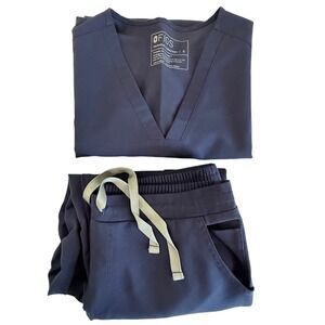 FIGS Technical Collection Scrub Set Navy Blue V-Neck Top & Cargo Pants Small S/P